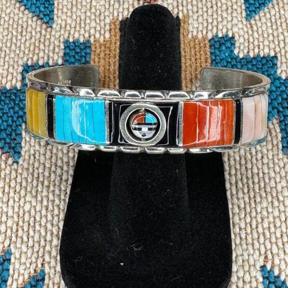 Don Dewa Native American Sunface Inlay And Sterling Cuff Bracelet